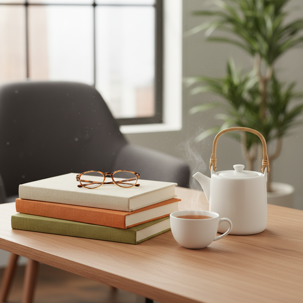 Libros y una taza de té en un ambiente de estudio relajado