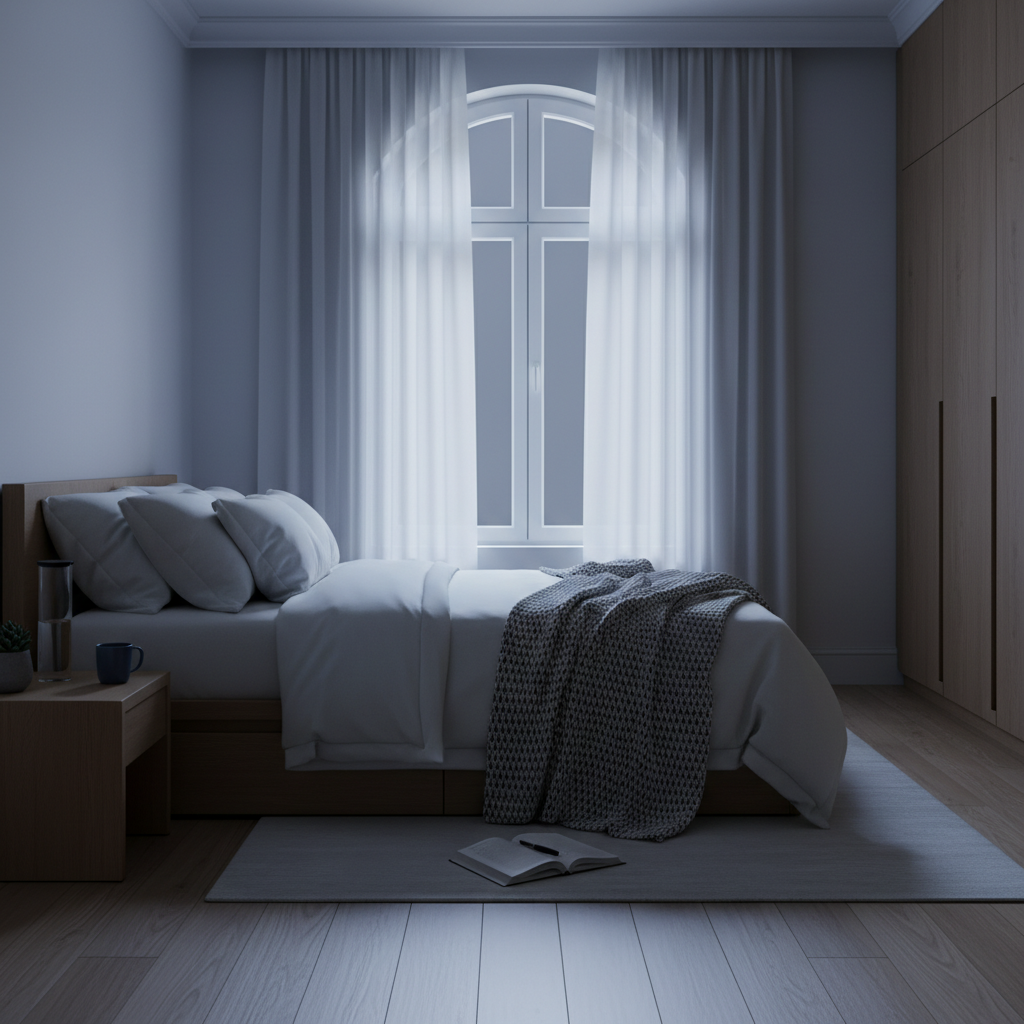 Habitación tranquila con tonos neutros y luz tenue