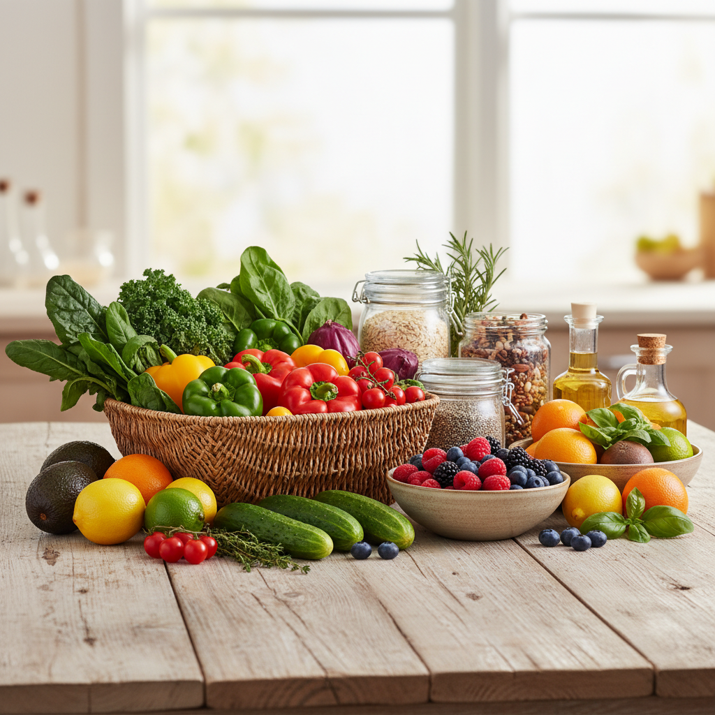 Ingredientes naturales frescos sobre una mesa de madera